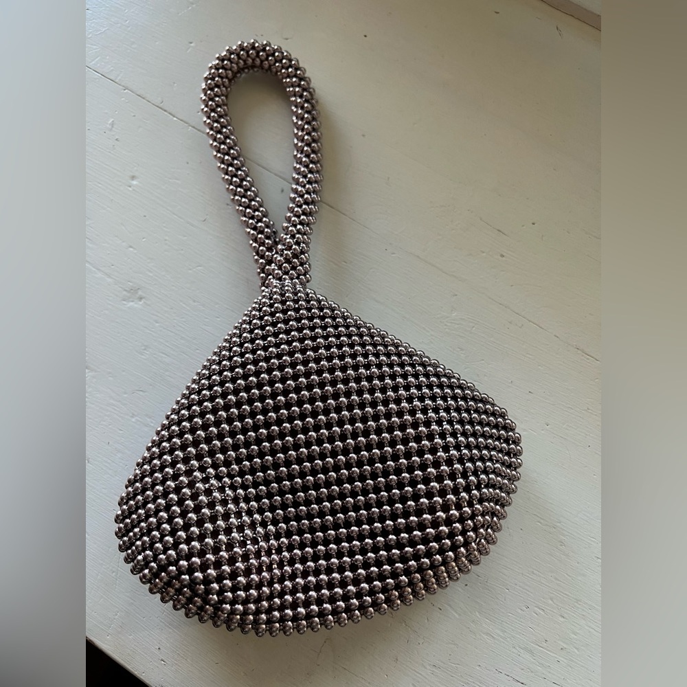 Silver Beaded Vintage Pouch with Brown Liner